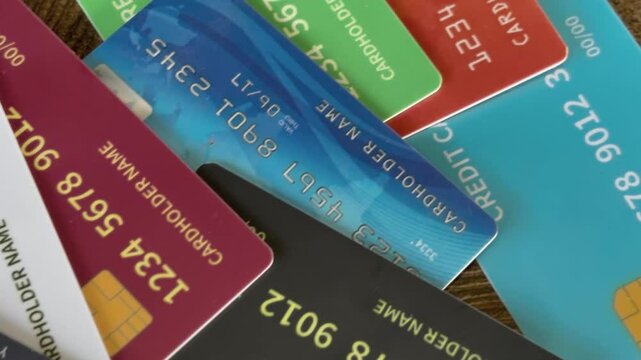 An assortment of credit cards overlapping, creating a textured background symbolizing financial transactions, commerce, and the modern economy with cashless payment.