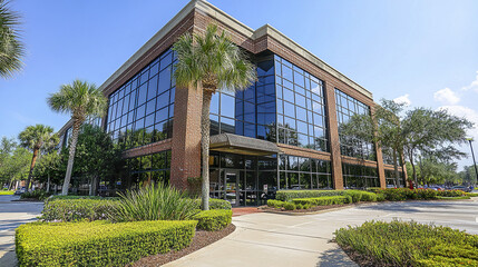Fototapeta premium Modern suburban office building with brick and glass, surrounded by greenery and palm trees