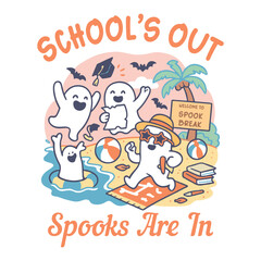 Naklejka premium School's Out Spooks Are In - Trendy Summerween T-shirt Design Vector, Tropical Nature Scene Tees, Summer Vibes Illustration 