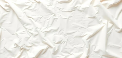 Obraz premium Creamy white linen fabric backdrop, naturally crumpled texture Top view, ample empty space, eco, drape