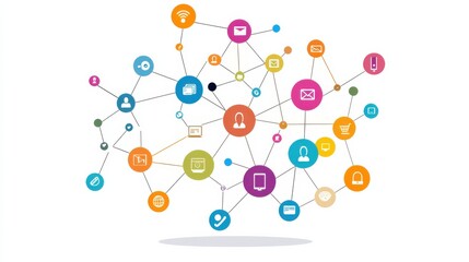 Colorful Social Media Network Connections with Icons Representing Communication and Technology