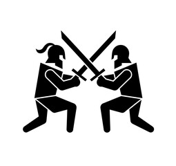 Two spartan soldiers fighting with sword icon vector in black color on white background.