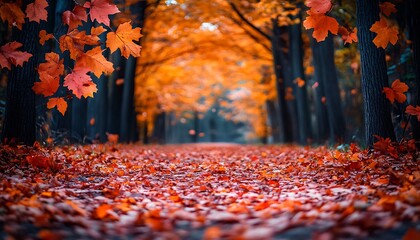 Autumnal path strewn with vibrant red and orange leaves, trees ablaze with fall colors