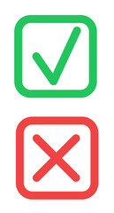 Incorrect mark and correct sign in test questionnaire, checkbox showing true or false answer, green checkmark for approved option, red cross for wrong choice. Isolated on white background.