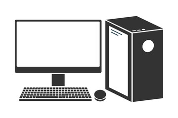Fototapeta premium PC Desktop Computer with case, monitor, keyboard and mouse. Minimal flat black vector illustration icon symbol clipart png isolated transparent background.