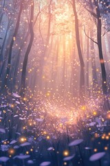 Obraz premium Enchanting forest pathway illuminated by glowing fireflies