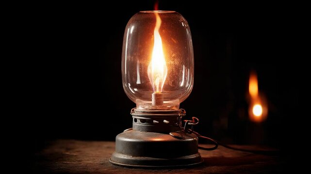 Vintage kerosene lamp with a burning flame glowing against dark background, antique oil lantern on weathered wooden surface