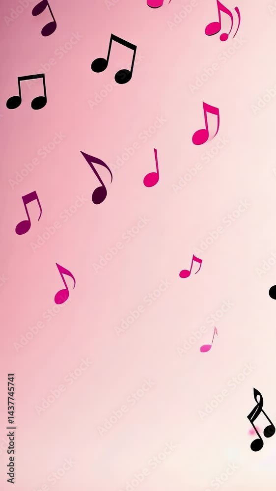 Poster pink and black musical notes are floating on a gradient pink background, creating a cheerful and dyn
