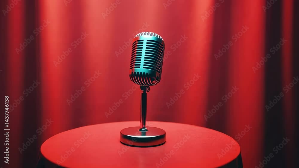 Poster silver vintage microphone rotating on a small round stage with a two tone background changing from y