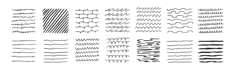 Lines by pen Hand drawn black Doodle strokes, underlines by pencil. Brush scribbles, frames, borders, design elements.