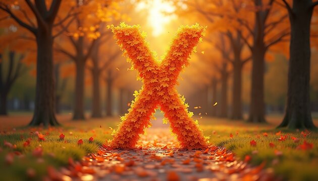 Autumn Leaves Forming The Letter X In A Forest Pathway - Powered by Adobe