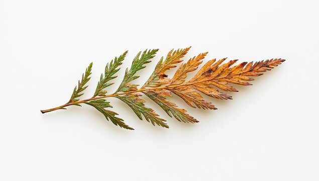 Close-up of a single fern frond, displaying a mix of vibrant green and autumnal hues.  