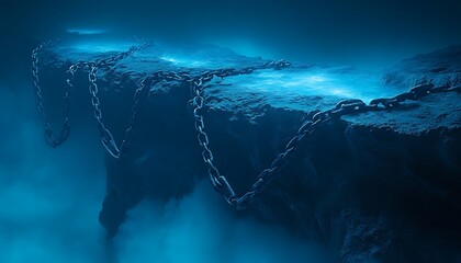 Floating island, chained, dark blue, misty