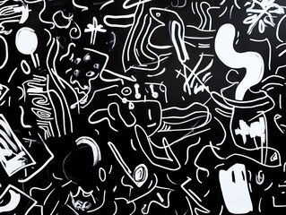 Chaotic abstract white line doodles and primitive figures create a dense, energetic pattern reminiscent of street art on a black background. 