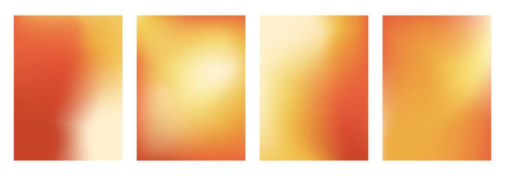 Warm gradient background. Sunny autumn gradation templates set. Vector bright fall backdrops with blur effect. Soft ombre orange yellow and red wallpaper design. Sun light abstract graphic design.
