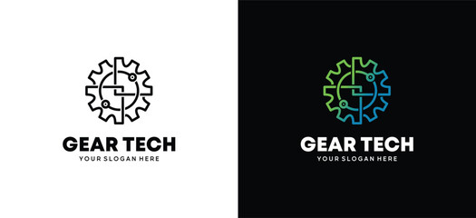 Technology gear logo vector illustration design template with creative bold line concept
