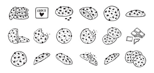Chocolate chips cookie hand drawn doodle icon set. Drawing black and white sketch biscuit. Chocolate biscuit collection.