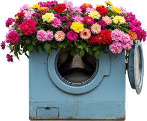 Vibrant Flower Arrangement Adorning Vintage Blue Washing Machine