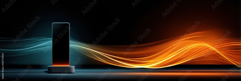 Poster smartphone charging on dock with vibrant glowing power lines showcasing modern technology
