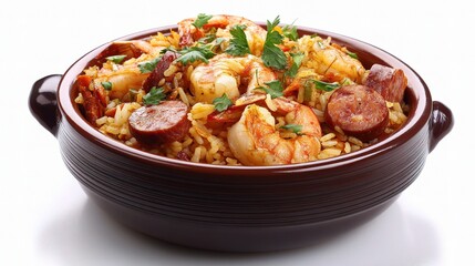 Fototapeta premium Delicious Spicy Jambalaya with Shrimp and Sausage in Bowl