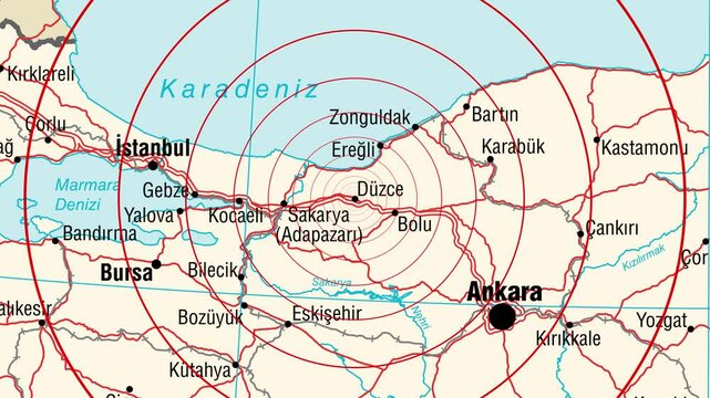 Expanding red circles show the range of an earthquake wave from Duzce, Turkey