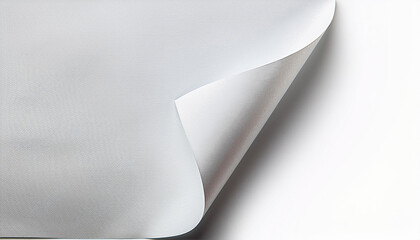 White paper page curl. Textured sheet corner lifts from background. Clean plain paper with soft shadow. New material unfolds to reveal space. Empty surface turns up.
