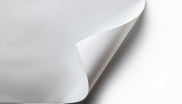 White paper page curl. Textured sheet corner lifts from background. Clean plain paper with soft shadow. New material unfolds to reveal space. Empty surface turns up.