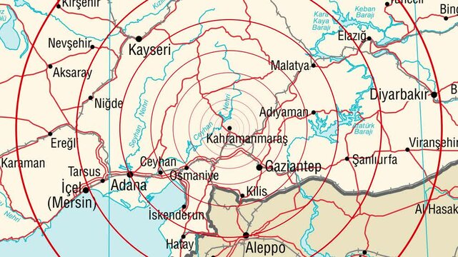 Expanding red circles show the range of an earthquake wave from Adiyaman, Turkey