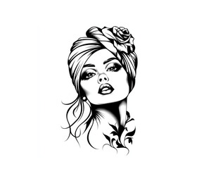  Elegant woman with rose headpiece sensually looking up against a white background with copy space