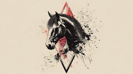 Horse portrait with abstract red diamond and black paint splatter design