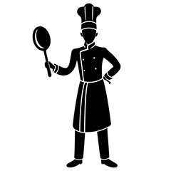 silhouette of a chef in black ink, depicted in a classic pose holding a spoon or frying pan 
