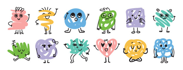 Abstract funny scribble characters different emotions and faces. Cute doodle hand drawn characters set.