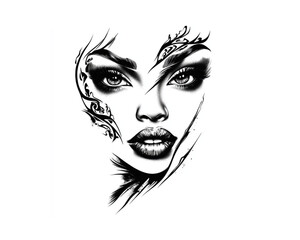 Mysterious woman with abstract facial markings intensely staring forward against a white background with copy space