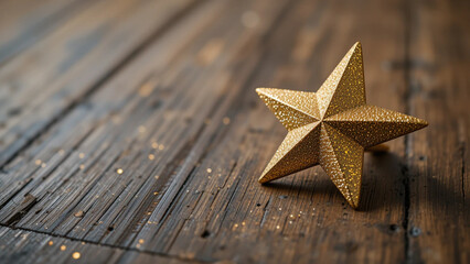 A close-up of a glittering gold star Christmas ornament resting on a weathered wooden surface.