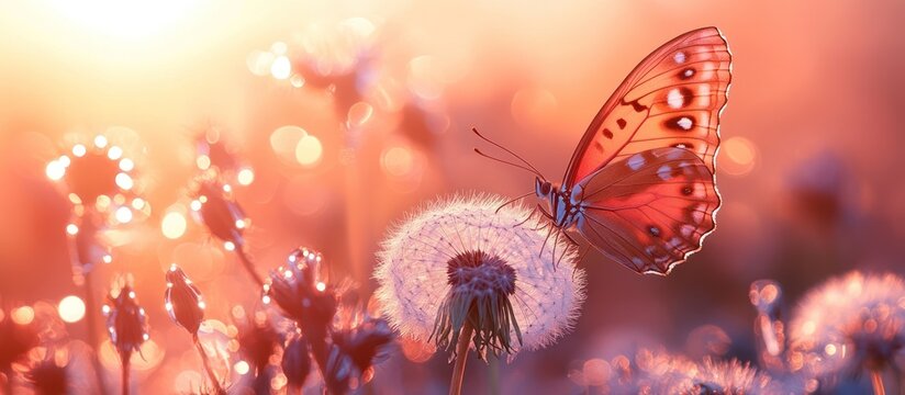 Fototapeta Sunset butterfly dandelion field