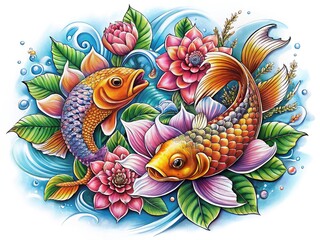 Koi Lotus Tattoo Design, Intricate Shading
