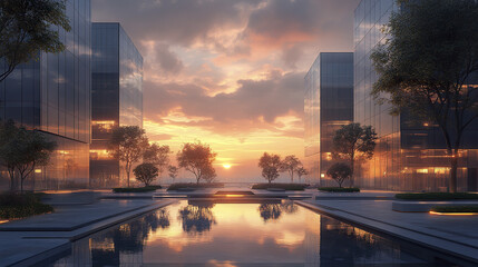 Obraz premium serene sunset view over modern business complex with reflective glass buildings and tranquil