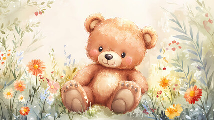 Watercolor illustration of a cute teddy bear sitting on grass, surrounded by yellow flowers