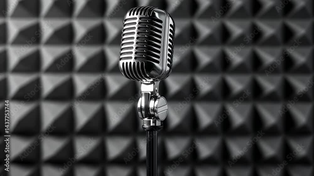 Poster Vintage silver microphone positioned on turquoise backdrop with colorful geometric triangles floating dynamically, highlighting music and entertainment visual aesthetics