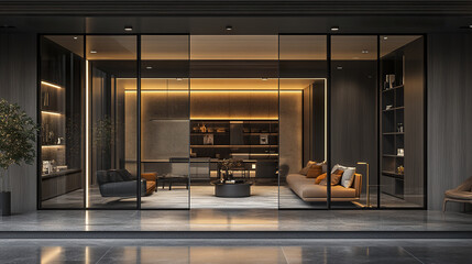 Sleek modern office with glass walls and stylish furniture, creating sophisticated atmosphere