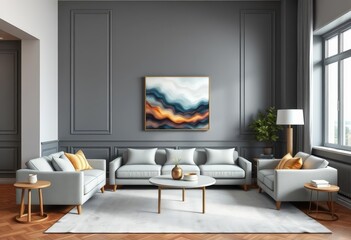 Elegant living room, grey wall, sofa, round table, painting photo, minimalist, frame