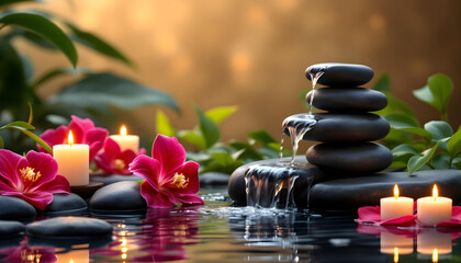 Relaxing spa stones and lit candles with flowers.