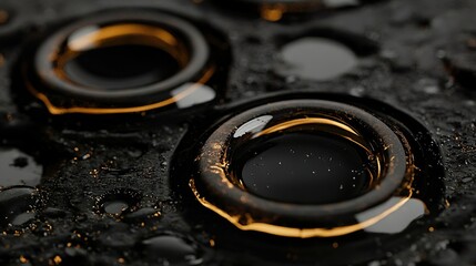 Macro close-up of circular forms filled with reflective black liquid, enhanced by golden light reflections and water droplets on a dark, wet textured surface. 