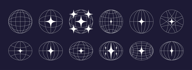 World globe retro grids in oval and round form with stars icons set. earth latitude and longitude line grid. futuristic design elements.