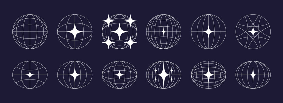 World globe retro grids in oval and round form with stars icons set. earth latitude and longitude line grid. futuristic design elements.