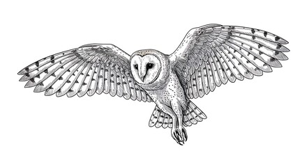 Barn Owl in Flight: Detailed Ink Drawing