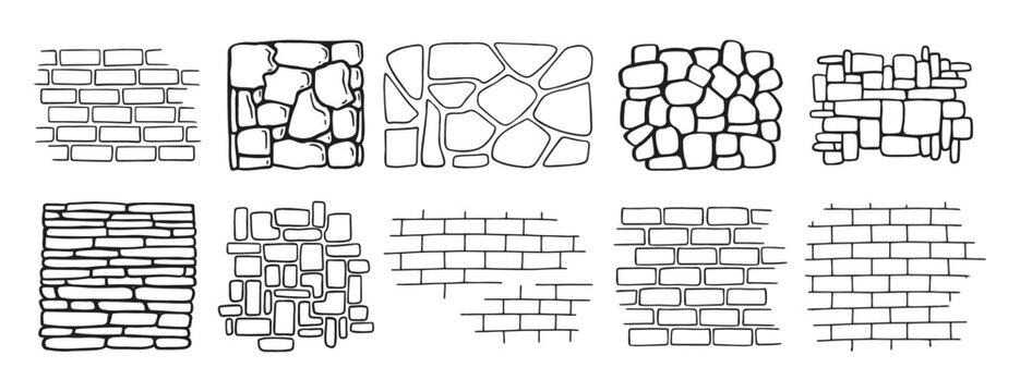brick and stone wall textures doodle hand drawn. Outline drawing brick and stone wall textures line clipart symbol