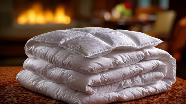 Folded white down comforter blanket stack, cozy bedding with warm fireplace backdrop in a blurred luxurious interior