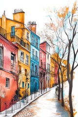 Naklejka premium Village Houses Illustration Pastel Colour Drawing