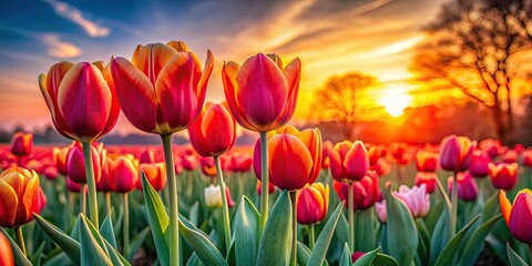 Obraz premium Golden Hour Tulips: Vibrant Spring Sunset Photography
